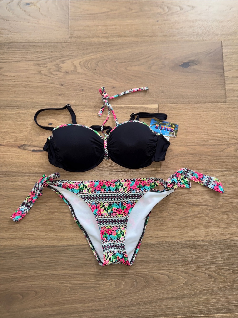 Black Balconette Bikini Top with Multicolor Floral Tie-Side Bottoms